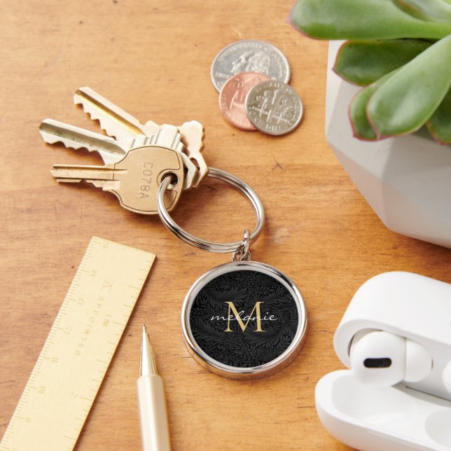 Elegant Black Floral Gold Monogram  Key Ring (Desk)