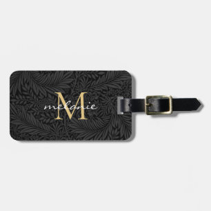 Elegant Black Floral Gold Monogram Luggage Tag