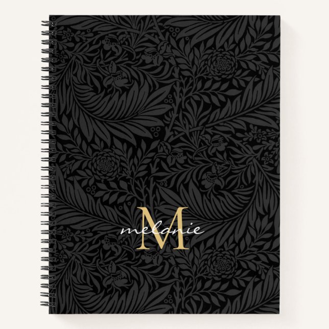 Elegant Black Floral Gold Monogram Notebook (Front)