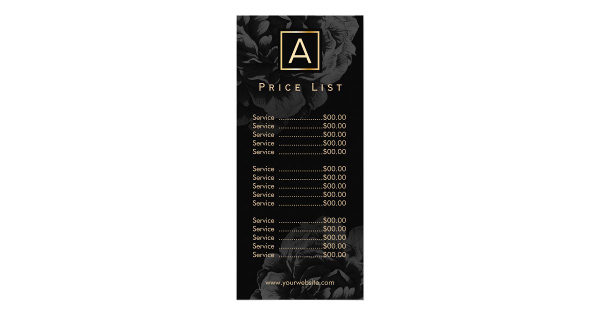 Elegant Black Floral Gold Monogram Price List Rack Card | 0