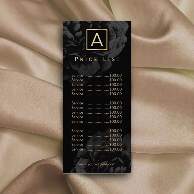 Elegant Black Floral Gold Monogram Price List Rack Card (Creator Uploaded)