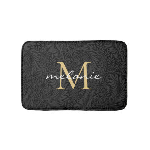 Elegant Black Floral Gold Script Monogram Bath Mat