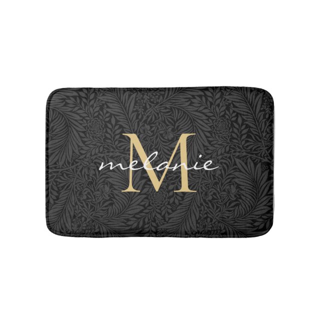 Elegant Black Floral Gold Script Monogram Bath Mat (Front)