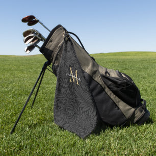 Elegant Black Floral Gold Script Monogram Golf Towel