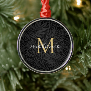 Elegant Black Floral Gold Script Monogram Metal Ornament