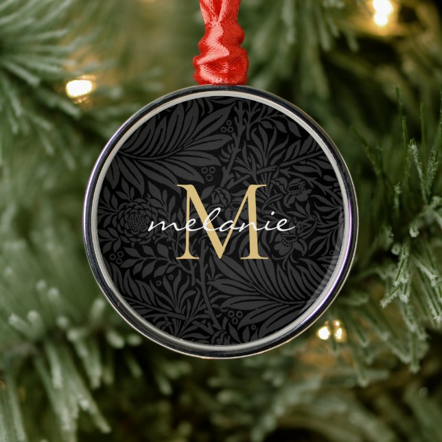 Elegant Black Floral Gold Script Monogram Metal Ornament (Tree)