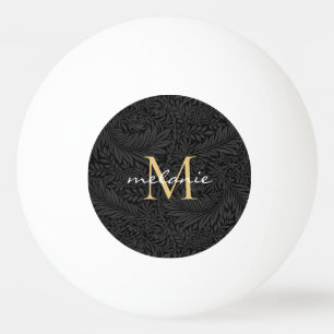 Elegant BlacK Floral Gold Script Monogram Ping Pong Ball