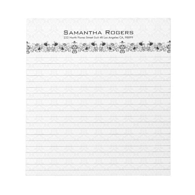 Elegant Black Floral Lace And White Damasks 2 Notepad (Front)