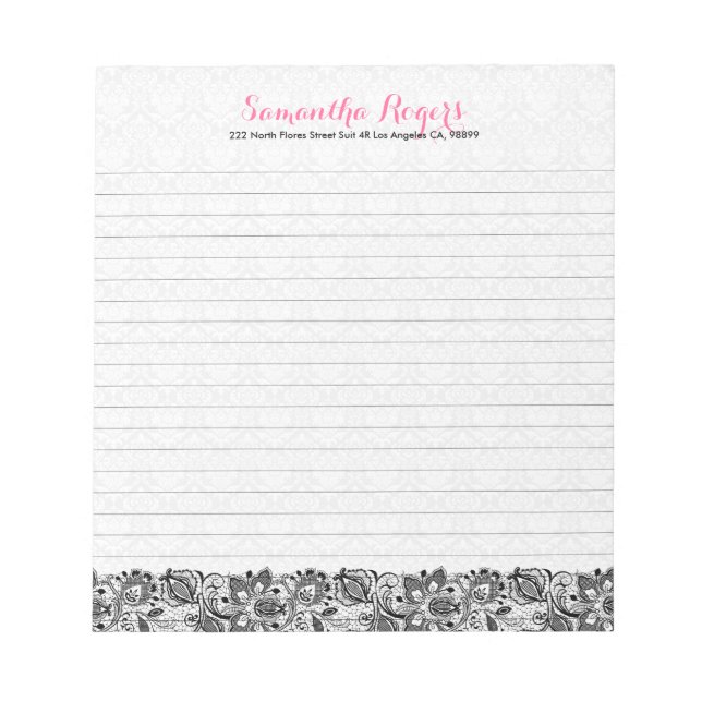 Elegant Black Floral Lace And White Damasks 2 Notepad (Front)