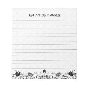 Elegant Black Floral Lace And White Damasks 2 Notepad