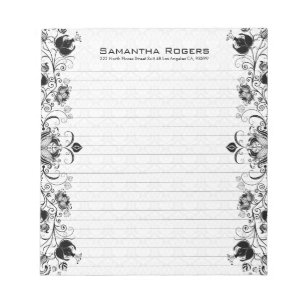 Elegant Black Floral Lace And White Damasks Notepad