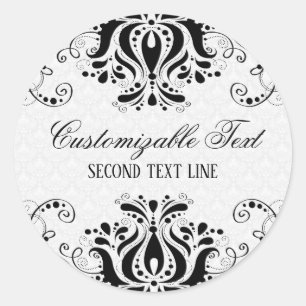 Elegant Black Floral Lace & White Damasks Classic Round Sticker