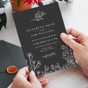 Elegant Black Floral Minimal Simple Wedding Invitation