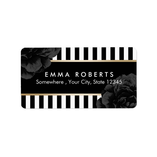 Elegant Black Floral Modern Black & White Stripes Label (Front)