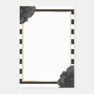 Elegant Black Floral Modern Black & White Stripes Post-it Notes