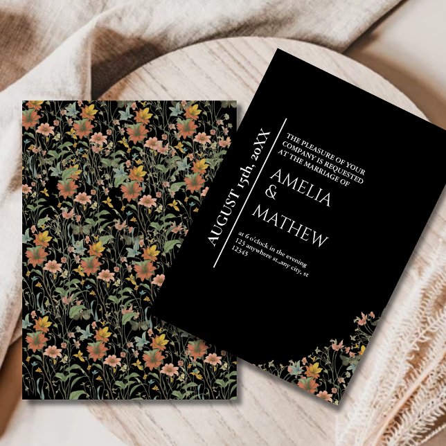Elegant Black Floral Modern Botanical Wedding Invitation (Creator Uploaded)