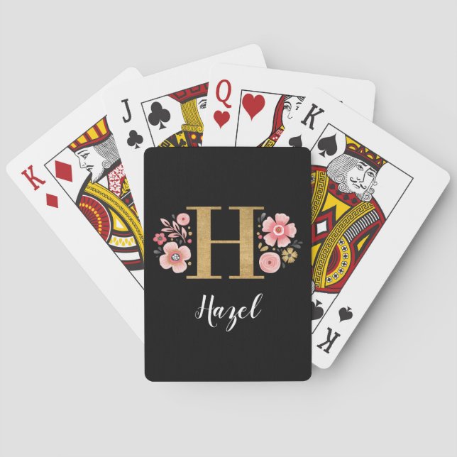 Elegant Black Floral Monogram Letter H Playing Cards (Back)