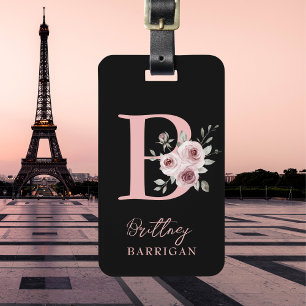 Elegant Black Floral Monogram Luggage Tag