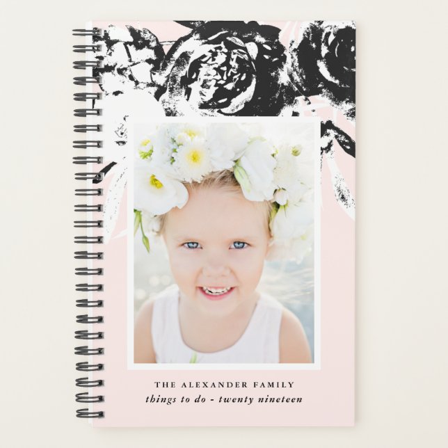 Elegant Black Floral on Blush with Name and Photo Planner (Front)