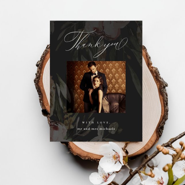 Elegant Black Floral Overlay Photo Wedding Thanks Postcard (Creator Uploaded)