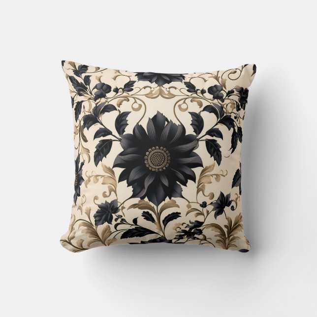 Elegant Black Floral Pattern Cushion (Front)