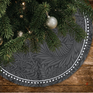 Elegant Black Floral Pattern Dotted Border Brushed Polyester Tree Skirt