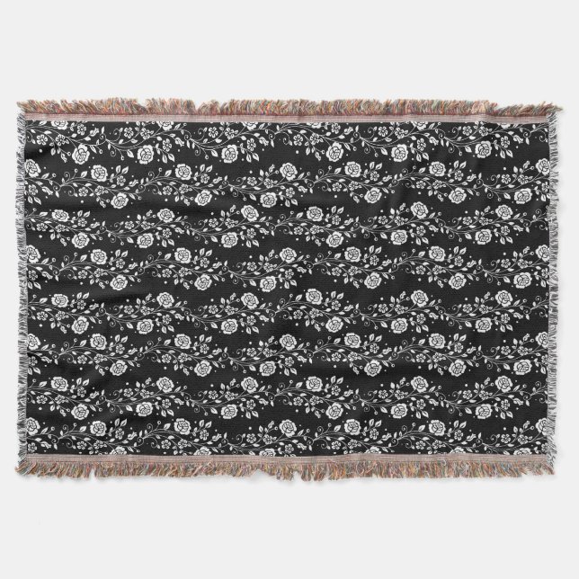 Elegant Black Floral Pattern Throw Blanket (Front)
