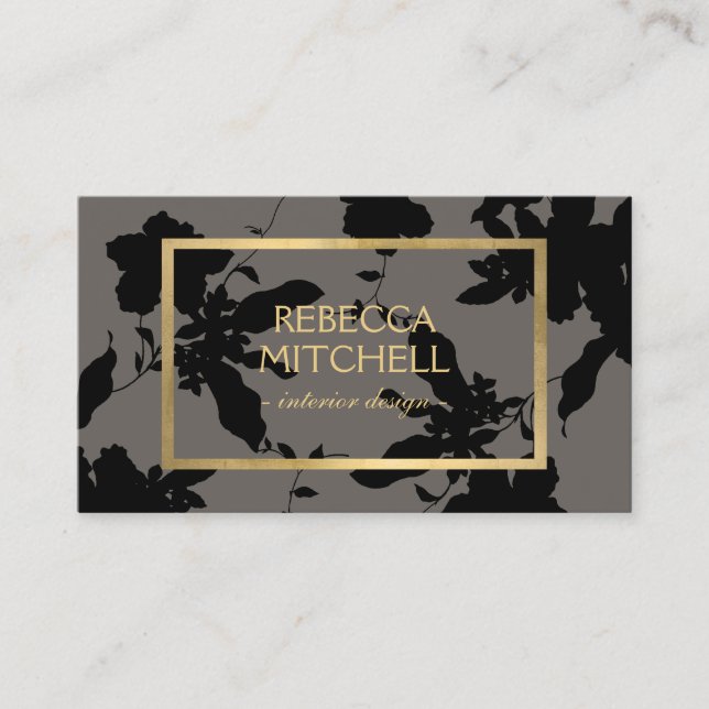 Elegant Black Floral Pattern with Gold Accents Business Card (Front)