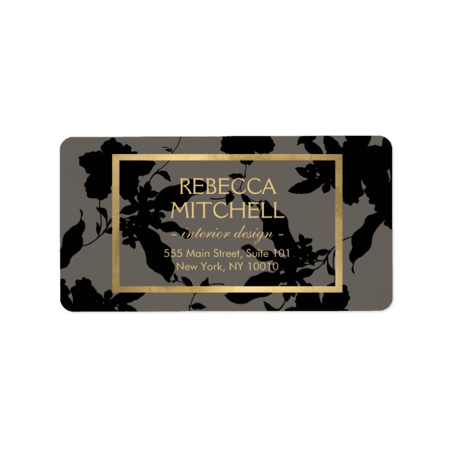 Elegant Black Floral Pattern with Gold Accents Label (Front)