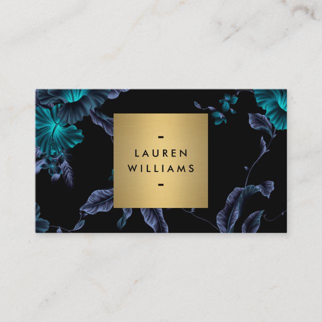 Elegant Black Floral Pattern with Gold Name Logo Business Card (Front)