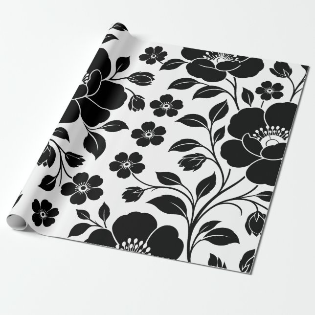 Elegant Black Floral Pattern Wrapping Paper (Unrolled)