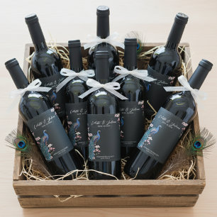 Elegant Black Floral Peacock Wedding Wine Labels