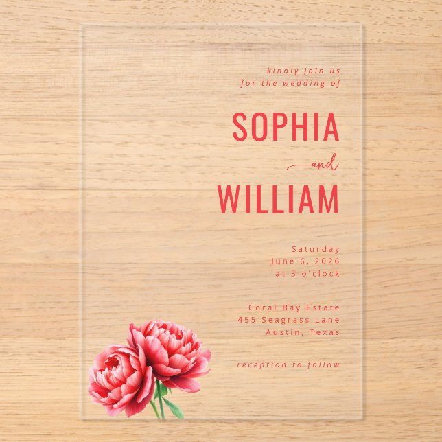 Elegant Black Floral Peonies Acrylic Invitations (Front)