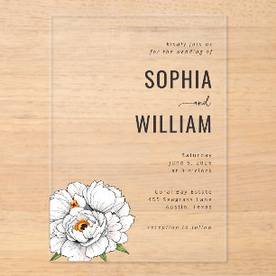 Elegant Black Floral Peonies Acrylic Invitations