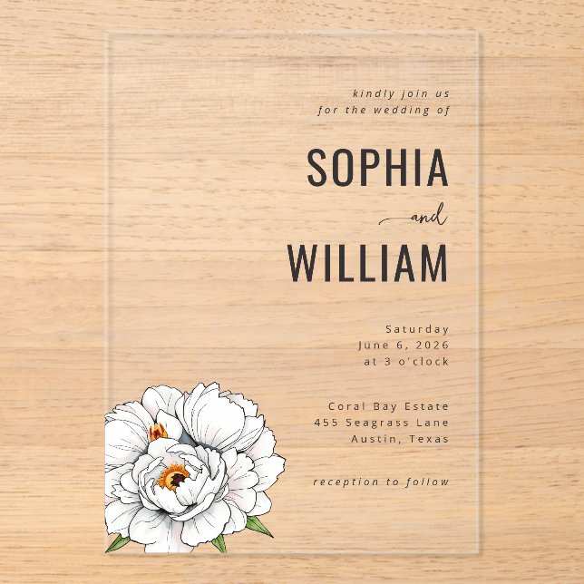 Elegant Black Floral Peonies Acrylic Invitations (Front)