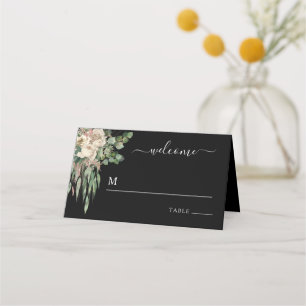 Elegant Black Floral Peonies Wedding Place Card