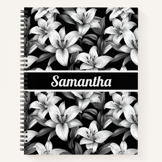 Elegant Black Floral Personalised Notebook  (Front)