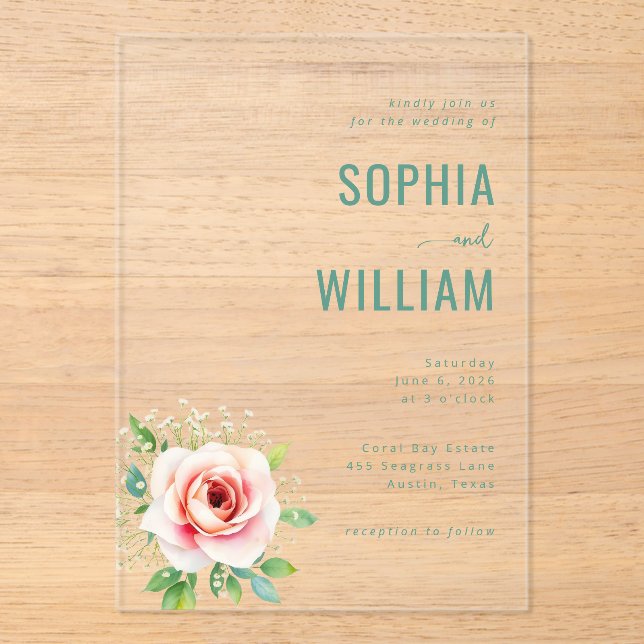 Elegant Black Floral Rose Acrylic Invitations (Front)