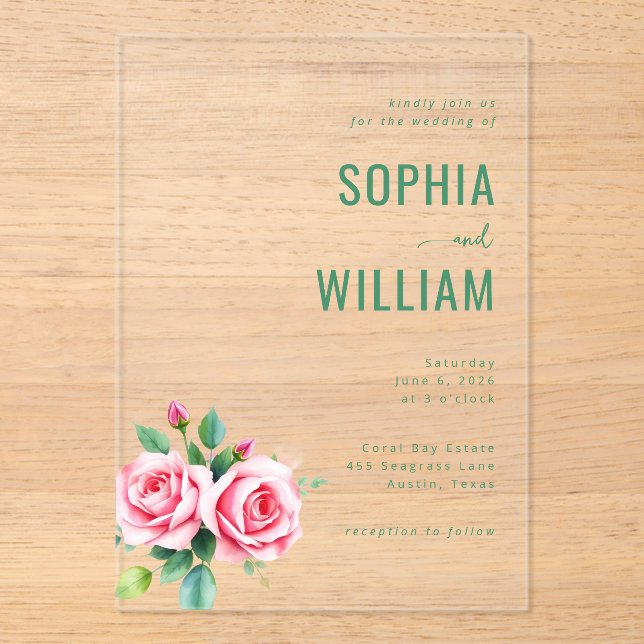 Elegant Black Floral Roses Acrylic Invitations (Front)