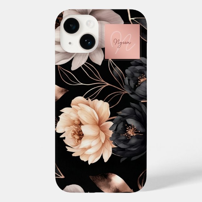 Elegant Black Floral Roses Pattern Monogram Name  Case-Mate iPhone Case (Back)