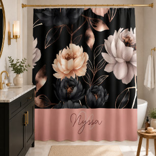 Elegant Black Floral Roses Pattern Monogram Name Shower Curtain