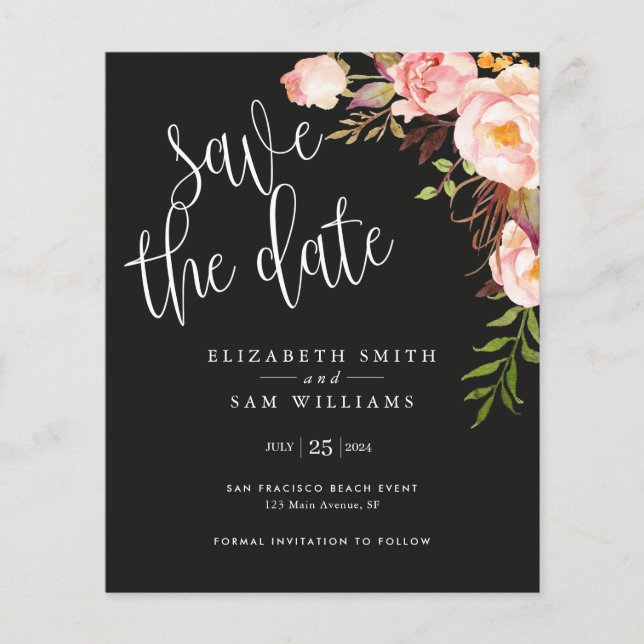 Elegant Black Floral Save the Date Budget Flyer (Front)