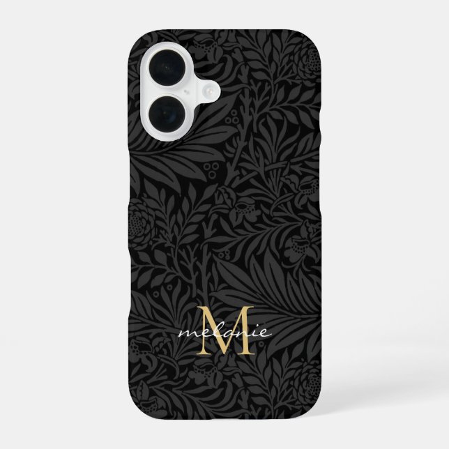 Elegant Black Floral Script Monogram iPhone 16 Case (Back)