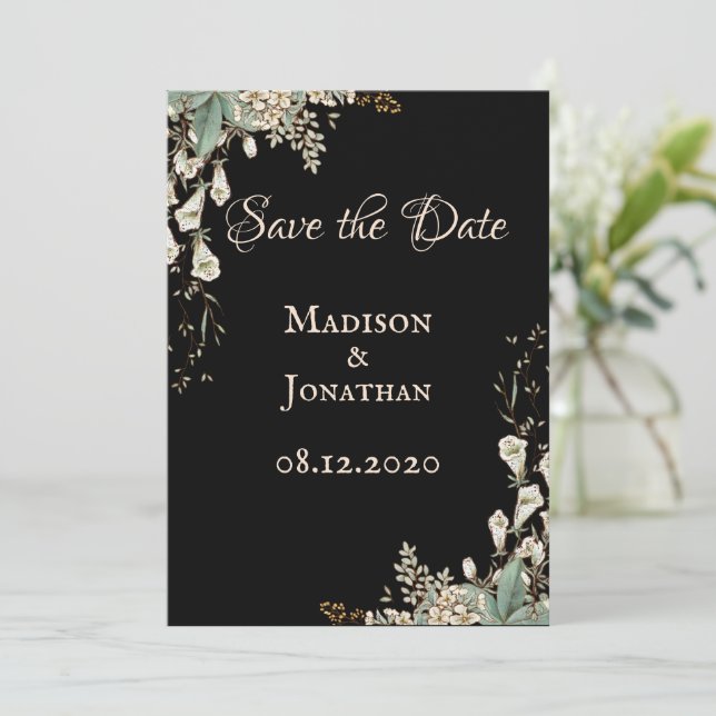 Elegant Black Floral Script Wedding Save The Date (Standing Front)
