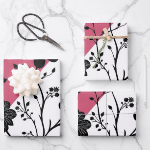 Elegant Black Floral Silhouette on Pink and White Wrapping Paper Sheet