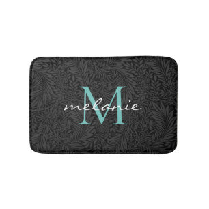 Elegant Black Floral Teal Script Monogram Bath Mat