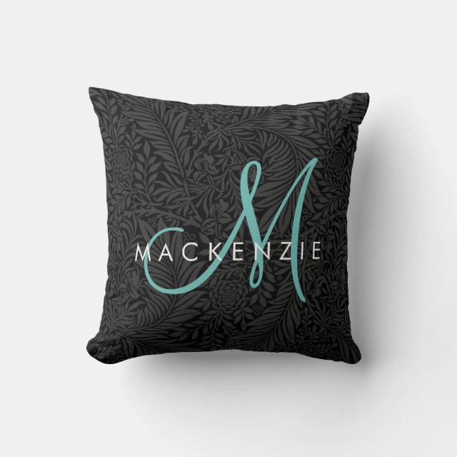 Elegant Black Floral Teal Script Monogram Cushion (Front)