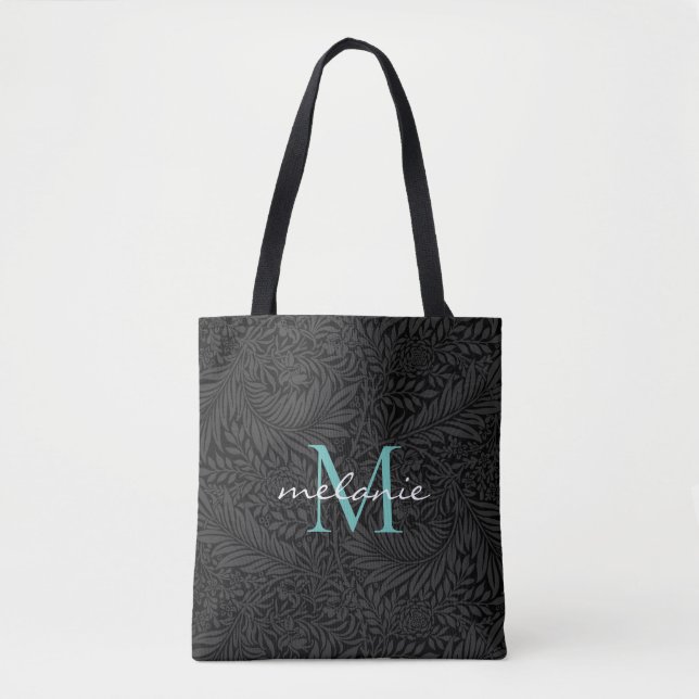 Elegant Black Floral Teal Script Monogram Tote Bag (Front)