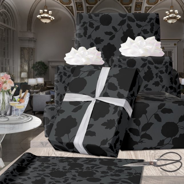 Elegant Black Floral Vine On Charcoal Grey  Wrapping Paper (Creator Uploaded)