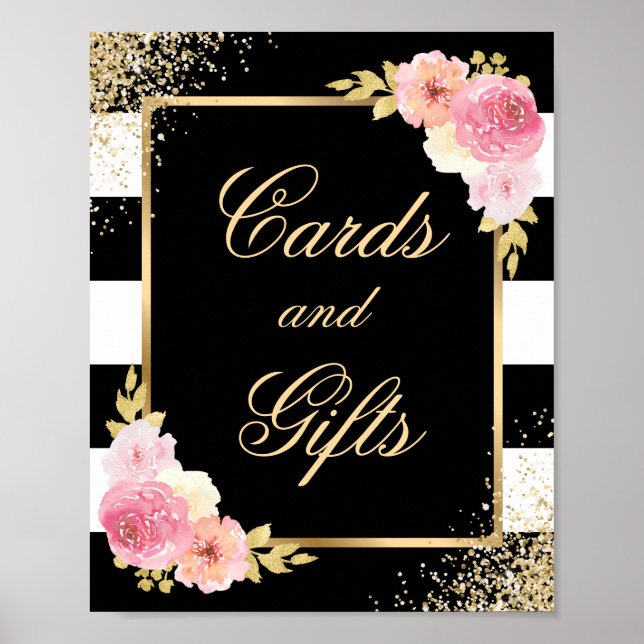 Elegant Black Floral Wedding Cards and Gifts Sign (Front)